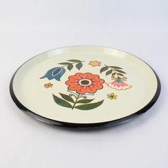 Vintage MCM Hand Painted Round Lacquer Platter Floral Pattern 13.5 Inch