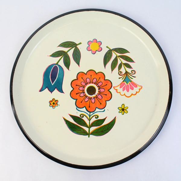 Vintage MCM Hand Painted Round Lacquer Platter Floral Pattern 13.5 Inch