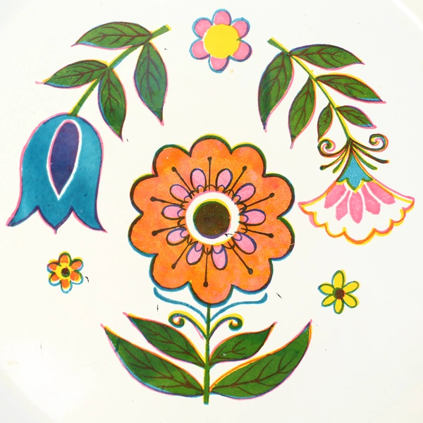 Vintage MCM Hand Painted Round Lacquer Platter Floral Pattern 13.5 Inch