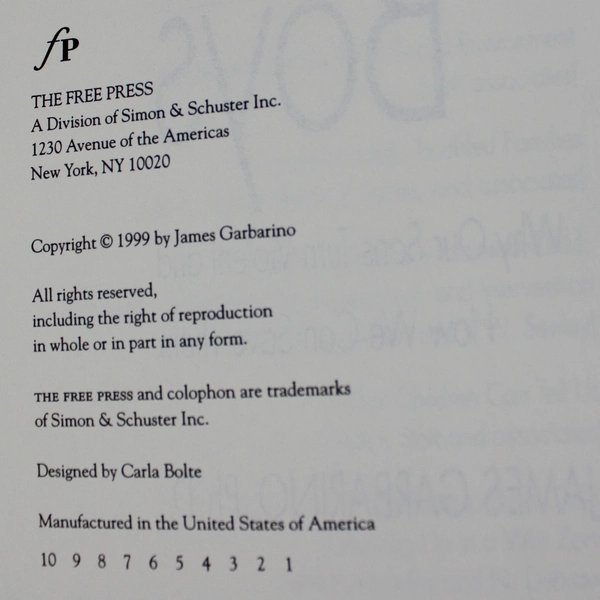 Lost Boys Why Our Sons Turn Violent by James Garbarino 1999 Hardcover DJ