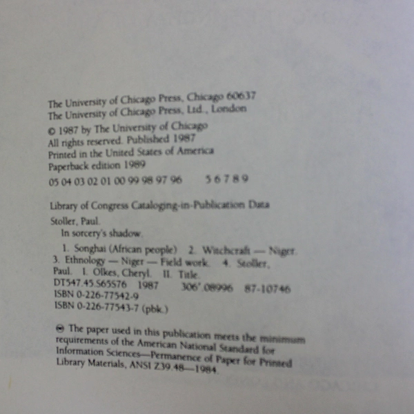 In Sorcery's Shadow A Memoir Paul Stoller Cheryl Olkes 1989 Paperback