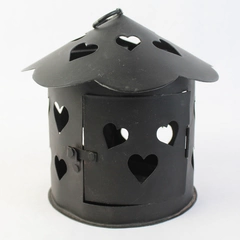Hanging Black Metal Pierced Heart Pillar Candle Holder Lantern Porch Patio
