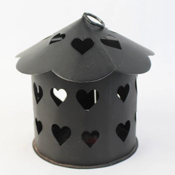 Hanging Black Metal Pierced Heart Pillar Candle Holder Lantern Porch Patio