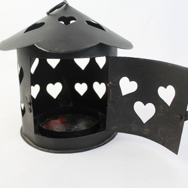 Hanging Black Metal Pierced Heart Pillar Candle Holder Lantern Porch Patio
