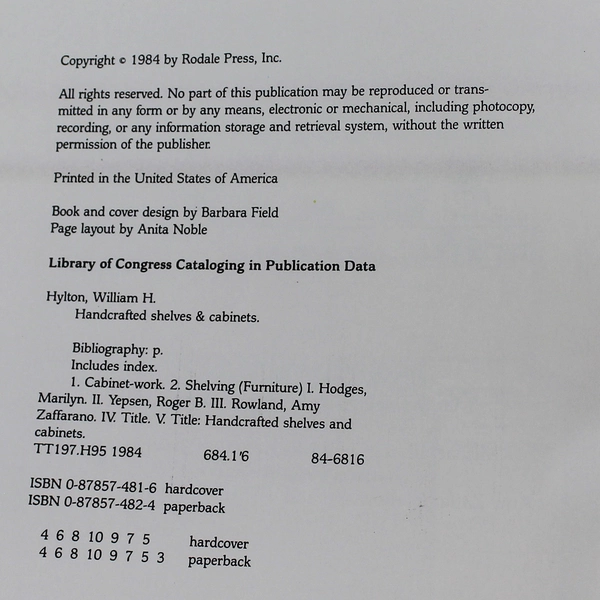 Handcrafted Shelves & Cabinets Book by Amy Zaffarano Rowland & H. Hylton 1984