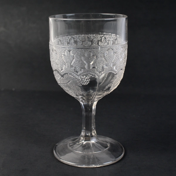 Unmarked EAPG Keystone Grape Pattern Embossed Clear Glass Goblet