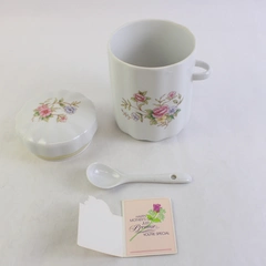 Vintage FTDA Ceramic Pink Floral On White Lidded Canister w/ Spoon 1988