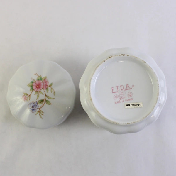 Vintage FTDA Ceramic Pink Floral On White Lidded Canister w/ Spoon 1988