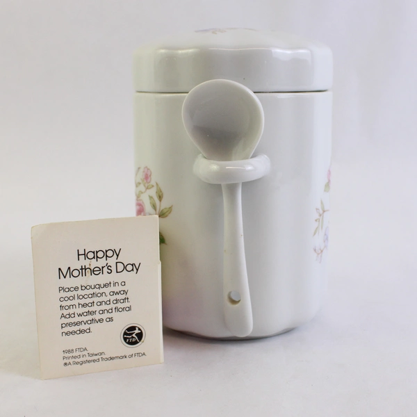 Vintage FTDA Ceramic Pink Floral On White Lidded Canister w/ Spoon 1988