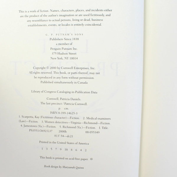 The Last Precinct by Patricia Cornwell 2000 G.P. Putnam's Sons Hardcover DJ