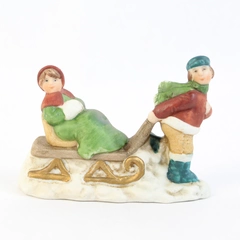 Russ Porcelain Figurine A Victorian Christmas  Boy Pulling Sleighs w/ Girl 9702