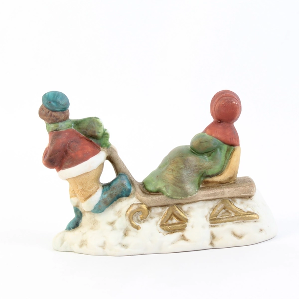 Russ Porcelain Figurine A Victorian Christmas  Boy Pulling Sleighs w/ Girl 9702