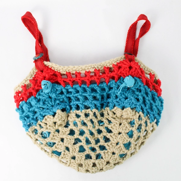 Handmade Beige Red and Blue Knit Crocheted Handbag Purse