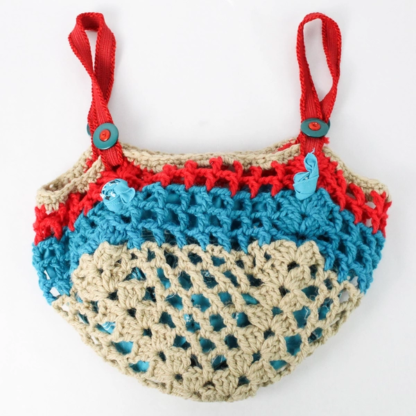 Handmade Beige Red and Blue Knit Crocheted Handbag Purse