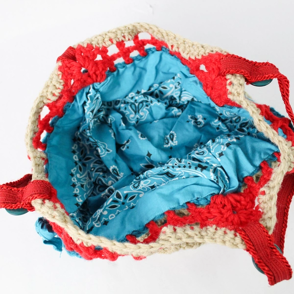 Handmade Beige Red and Blue Knit Crocheted Handbag Purse