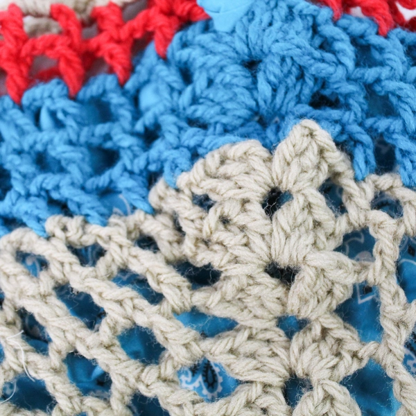 Handmade Beige Red and Blue Knit Crocheted Handbag Purse