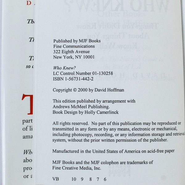 Who Knew? by David Hoffman 2001 Hardcover - Trivia About Everyday Things