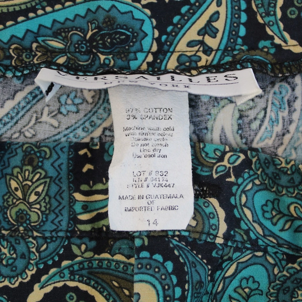 Vintage Versailles Pants Size 14 Turquoise Paisley Print Women's Trousers