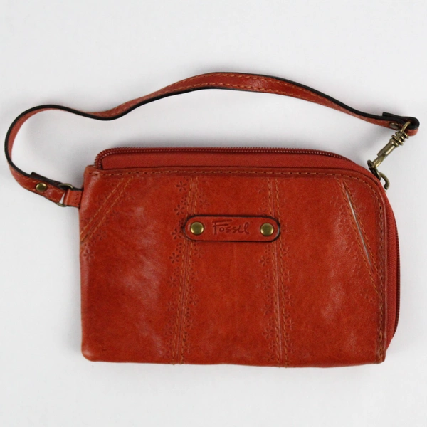 Fossil Brown Zippered Leather Organizer Clutch Wallet 4.5" x 6.5"