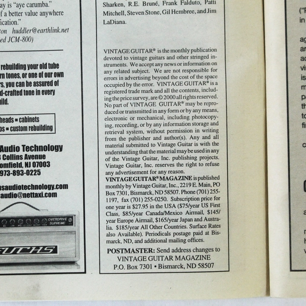 Vintage Guitar Magazine Jan 2001 - Ted Nugent, Eric Johnson, Jack Lawrence