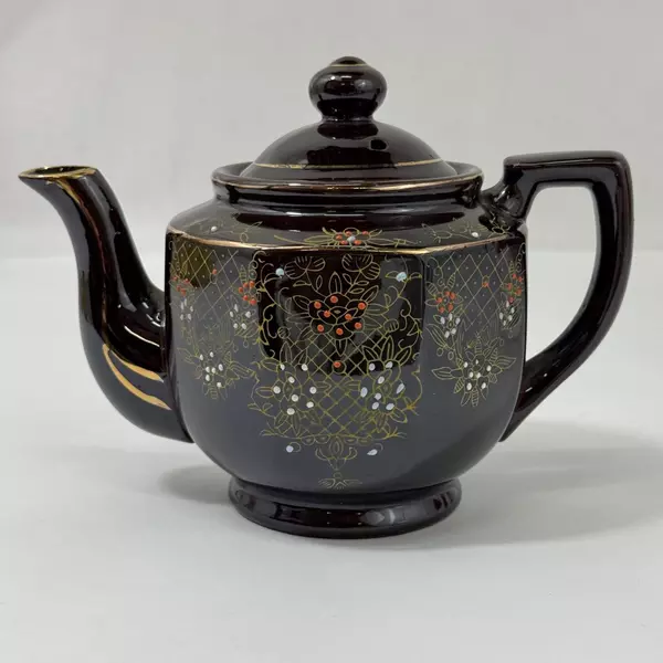 Vintage 1940s Japanese Moriage Brown Teapot 5.5" Hand Painted Floral Design