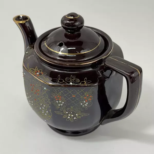 Vintage 1940s Japanese Moriage Brown Teapot 5.5" Hand Painted Floral Design