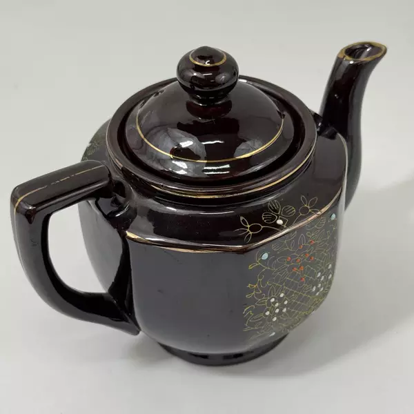 Vintage 1940s Japanese Moriage Brown Teapot 5.5" Hand Painted Floral Design