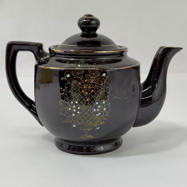 Vintage 1940s Japanese Moriage Brown Teapot 5.5" Hand Painted Floral Design