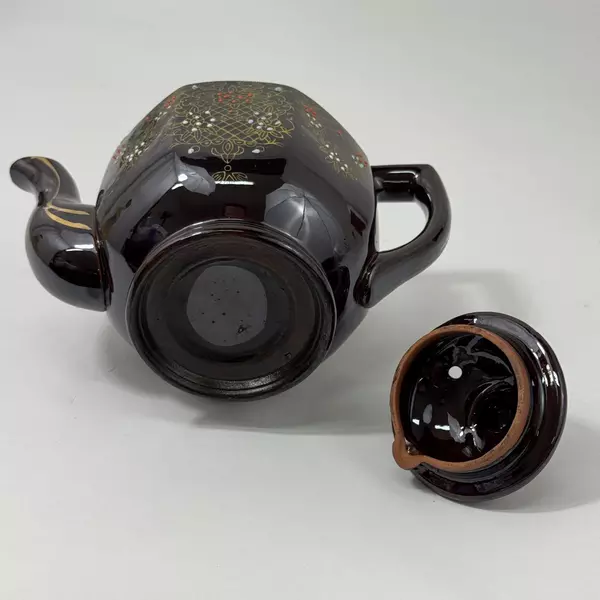 Vintage 1940s Japanese Moriage Brown Teapot 5.5" Hand Painted Floral Design