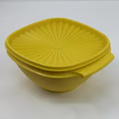 Vintage Yellow Tupperware Square Bowl with Lid 8.25" Wide Kitchen Storage