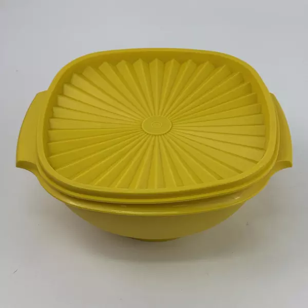 Vintage Yellow Tupperware Square Bowl with Lid 8.25" Wide Kitchen Storage