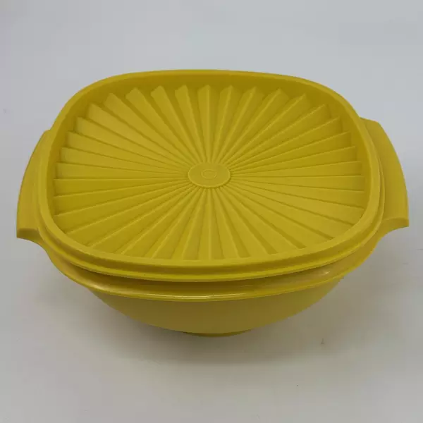 Vintage Yellow Tupperware Square Bowl with Lid 8.25" Wide Kitchen Storage