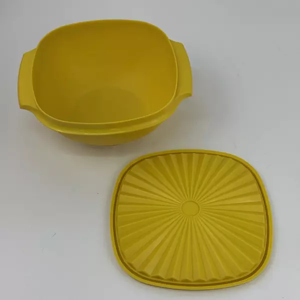 Vintage Yellow Tupperware Square Bowl with Lid 8.25" Wide Kitchen Storage