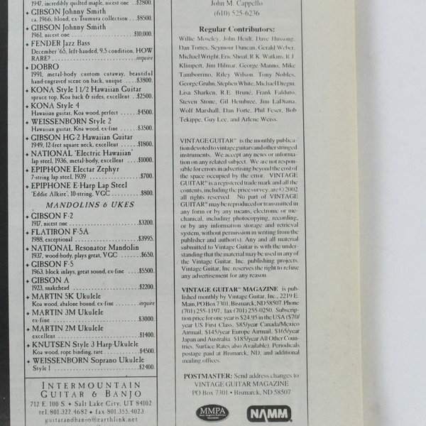 Vintage Guitar Magazine Sept 2002 - John Hiatt Tribute, Good Condition