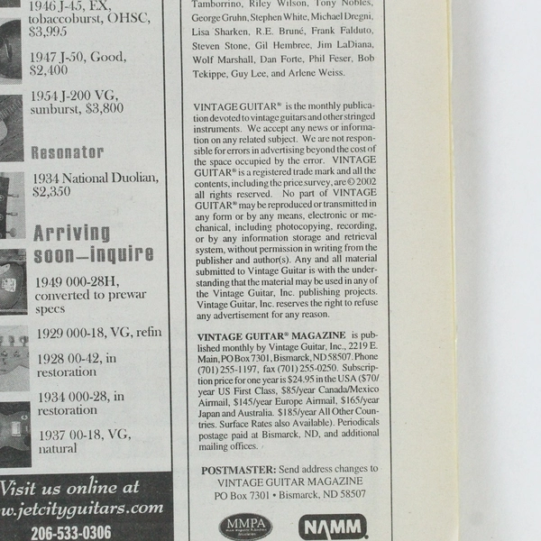 Vintage Guitar Magazine June 2002 Jeff Healey Tesla Blonds Are Back!
