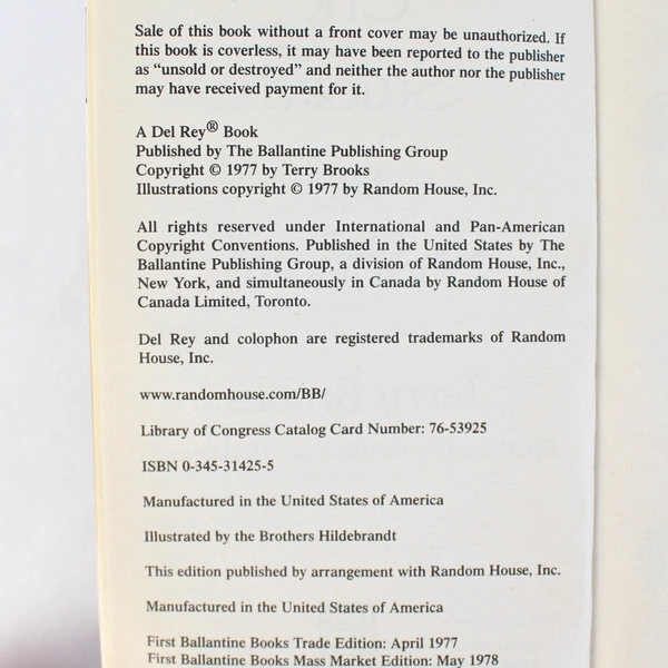 The Sword of Shannara by Terry Brooks 1978 Mass Market Paperback