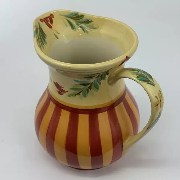 Gail Pittman Siena 64oz Ceramic Pitcher Yellow Leaves Orange And Red Stripes