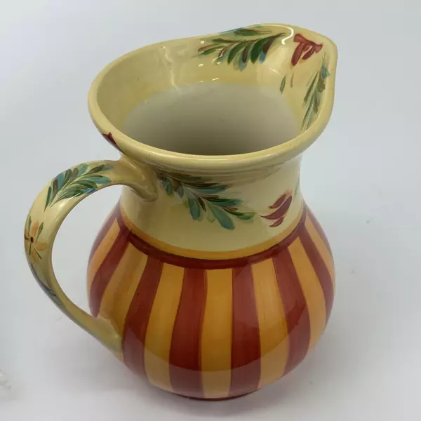Gail Pittman Siena 64oz Ceramic Pitcher Yellow Leaves Orange And Red Stripes