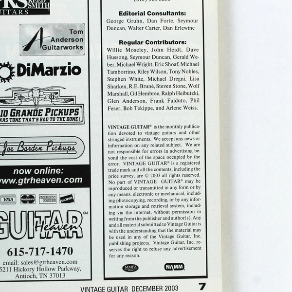 Vintage Guitar Magazine Dec 2003 Los Straitjackets Eric Clapton Good Condition