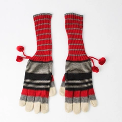 Echo Gloves Red with Stripes of Gray Black and Tan Soft Fuzzy Pompoms