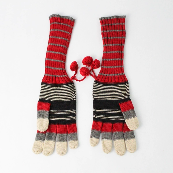Echo Gloves Red with Stripes of Gray Black and Tan Soft Fuzzy Pompoms