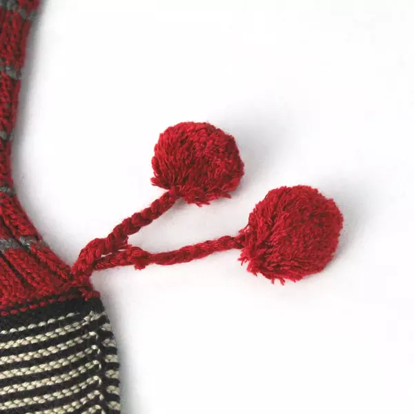 Echo Gloves Red with Stripes of Gray Black and Tan Soft Fuzzy Pompoms