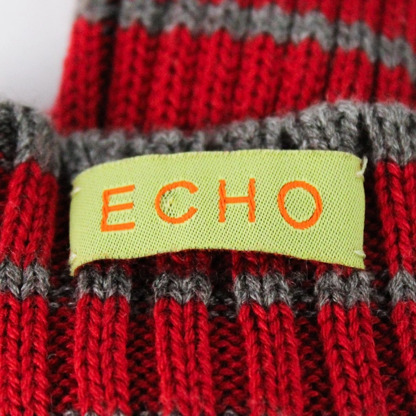 Echo Gloves Red with Stripes of Gray Black and Tan Soft Fuzzy Pompoms