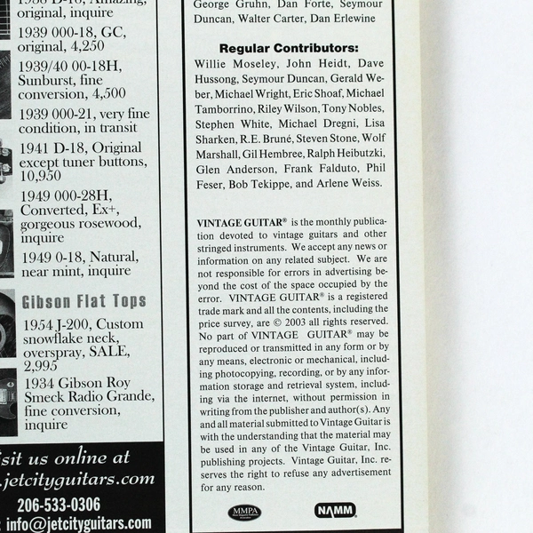 Vintage Guitar Magazine Oct 2003 Lynyrd Skynyrd & Effects Pedals Good Cond