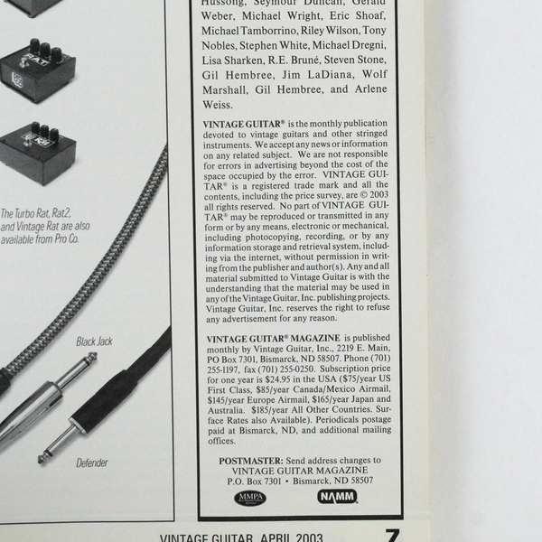 Vintage Guitar Magazine April 2003 Motown Funk Brothers Steve Howe Pre-Owned