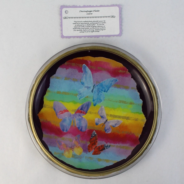 2000 Hand Crafted Decoupage Glass Plate Butterfly Pattern 9.25"