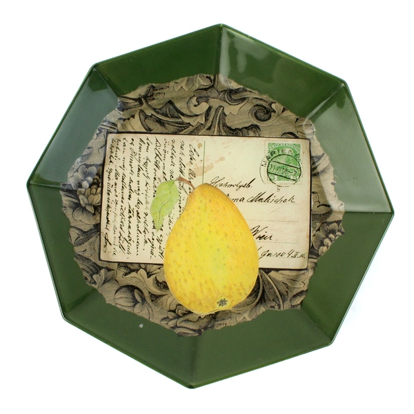 Hand Crafted Green Octagon Decoupage Glass Plate Pear Postcard Pattern 8.5"