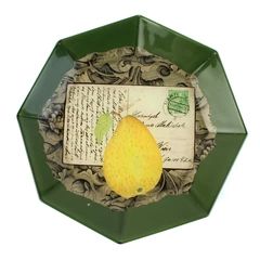 Hand Crafted Green Octagon Decoupage Glass Plate Pear Postcard Pattern 8.5"