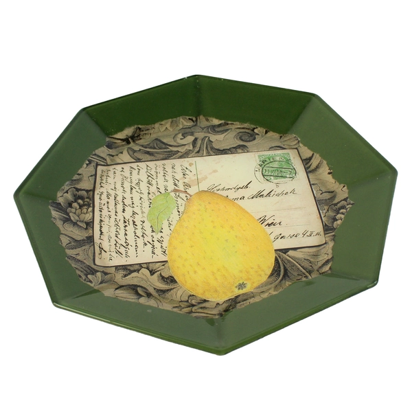 Hand Crafted Green Octagon Decoupage Glass Plate Pear Postcard Pattern 8.5"