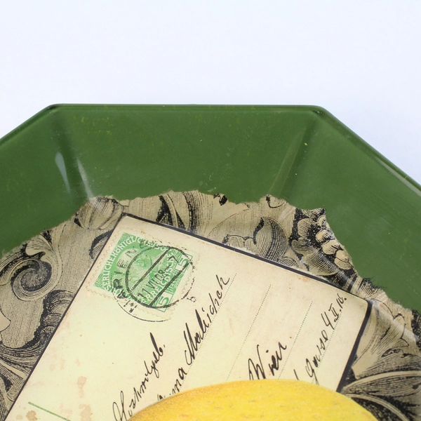 Hand Crafted Green Octagon Decoupage Glass Plate Pear Postcard Pattern 8.5"